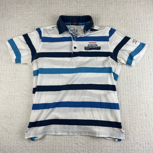 Paul & Shark Mens Sz L Blue Stripped Polo Ocean Team Royal Club *Stained Read* - Picture 1 of 16